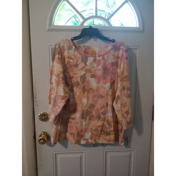 Floral Top 2X Ruby Rd Water Color Floral Pink Gem Beads Neckline Long Sleeve - Picture 2 of 6